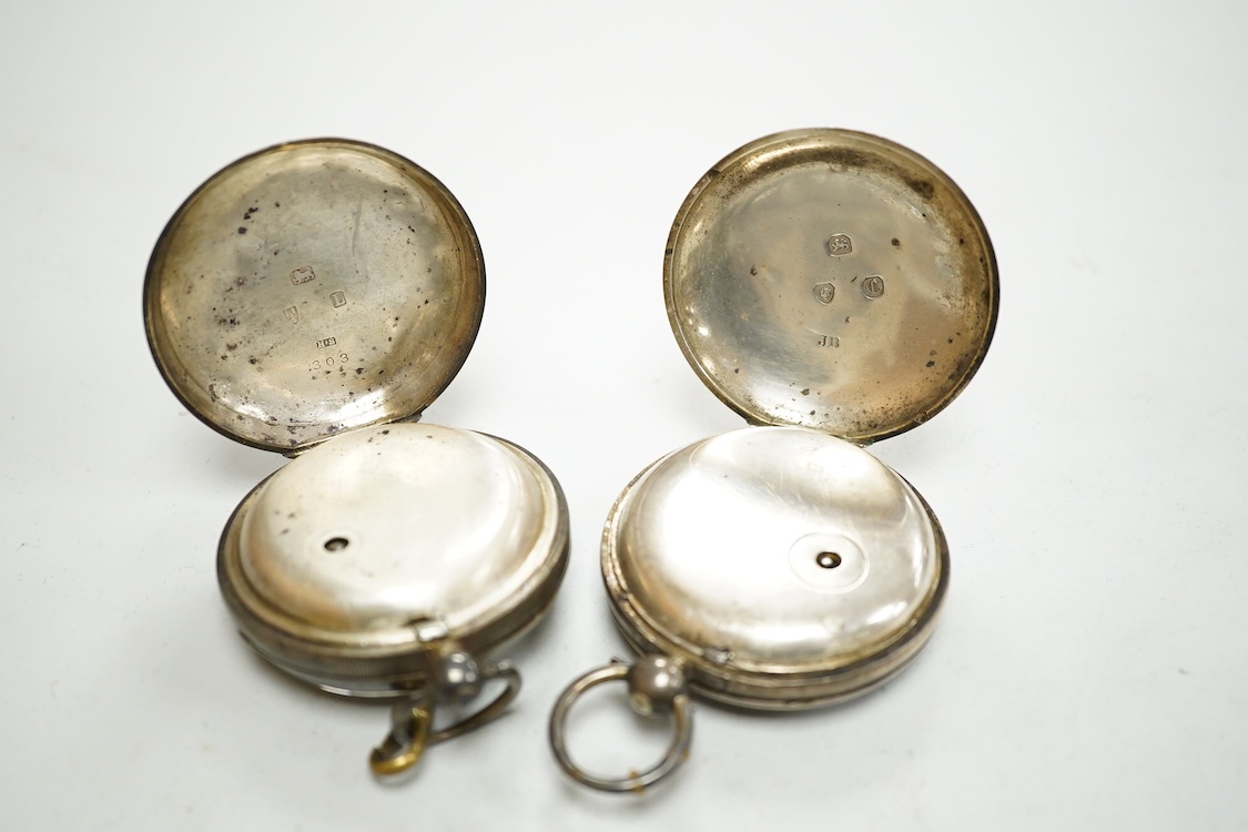 A George V silver cased goliath calendar moon phase open faced pocket watch, case diameter approx. 67mm(a.f.), together with five other pocket watches, including silver and white metal Waltham, a Camerer Cuss chrome case